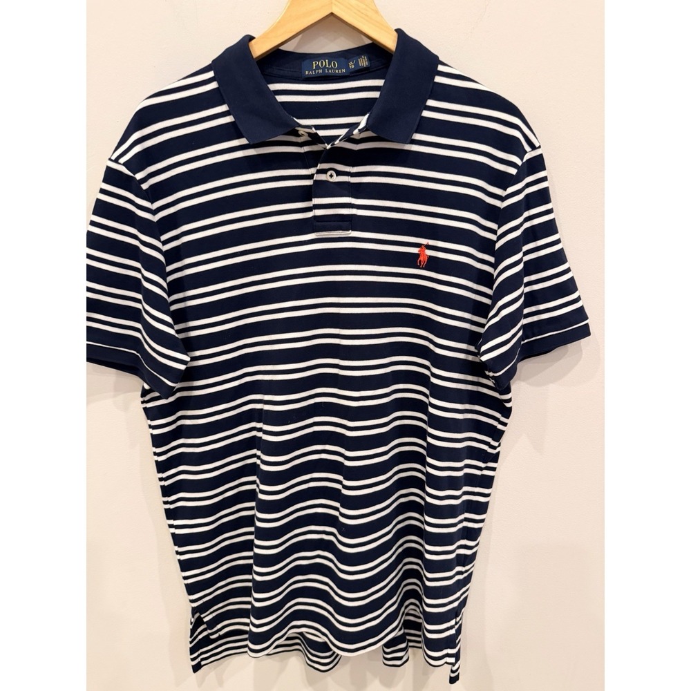 Polo Ralph Lauren Mens Striped Polo Shirt Navy White Red Logo‎ Size XL